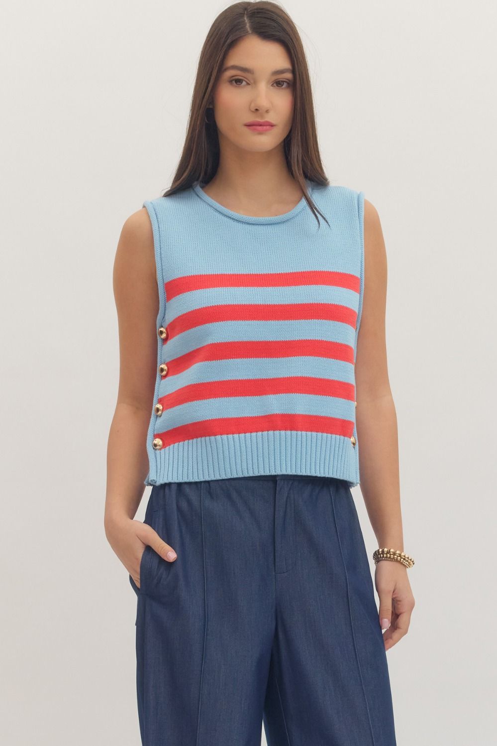 STRIPED SLEEVELESS KNIT TOP WITH GOLD BUTTONS ON SIDES - LIGHT BLUE WITH RED