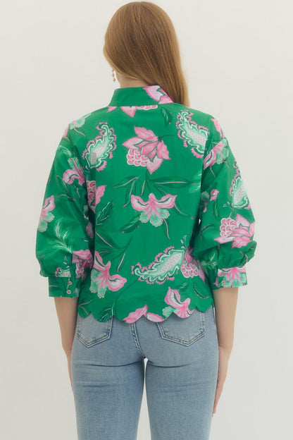 GREEN FLORAL PRINT SCALLOP TRIM LONG SLEEVE BLOUSE - Pharm Favorites by Economy Pharmacy