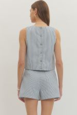 BLUE STRIPE SLEEVELESS CROP TOP W/BUTTONS ON BACK - Pharm Favorites by Economy Pharmacy