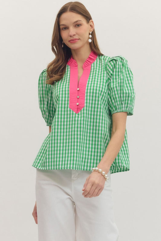 GREEN GINGHAM PUFF SLEEVE BLOUSE WITH PINK ACCENT