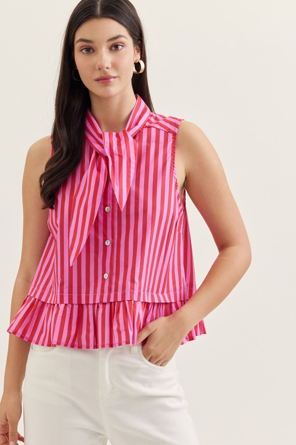 RED AND PINK STRIPED SLEEVELESS TOP WITH NECK TIE