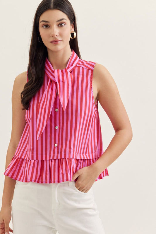 RED AND PINK STRIPED SLEEVELESS TOP WITH NECK TIE