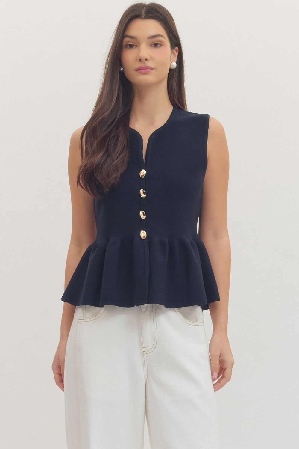 SOLID V-NECK PEPLUM TOP WITH GOLD BUTTONS