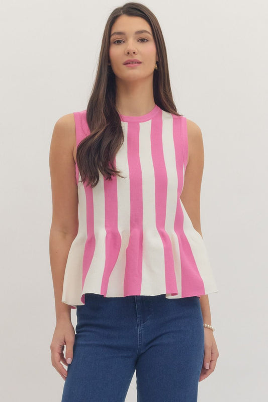 SLEEVELESS STRIPED PEPLUM KNIT TOP