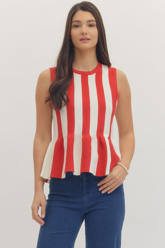 SLEEVELESS STRIPED PEPLUM KNIT TOP