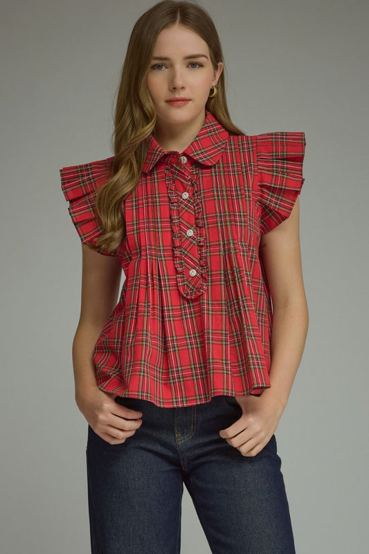 RED PLAID RUFFLE SLEEVE BLOUSE WITH RHINESTONE BUTTONS