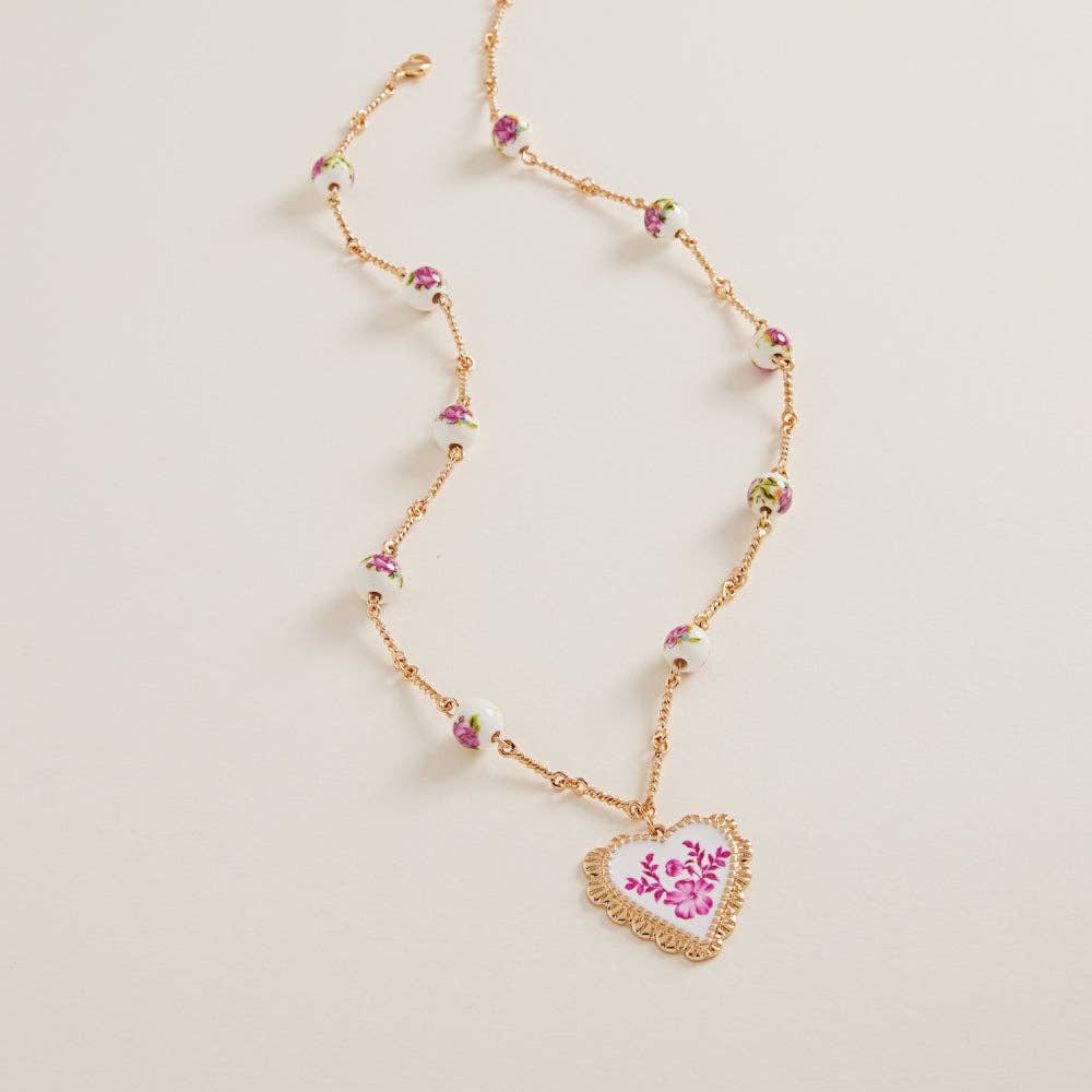 Heart Enamel Charm W Ceramic Beads Short Necklace