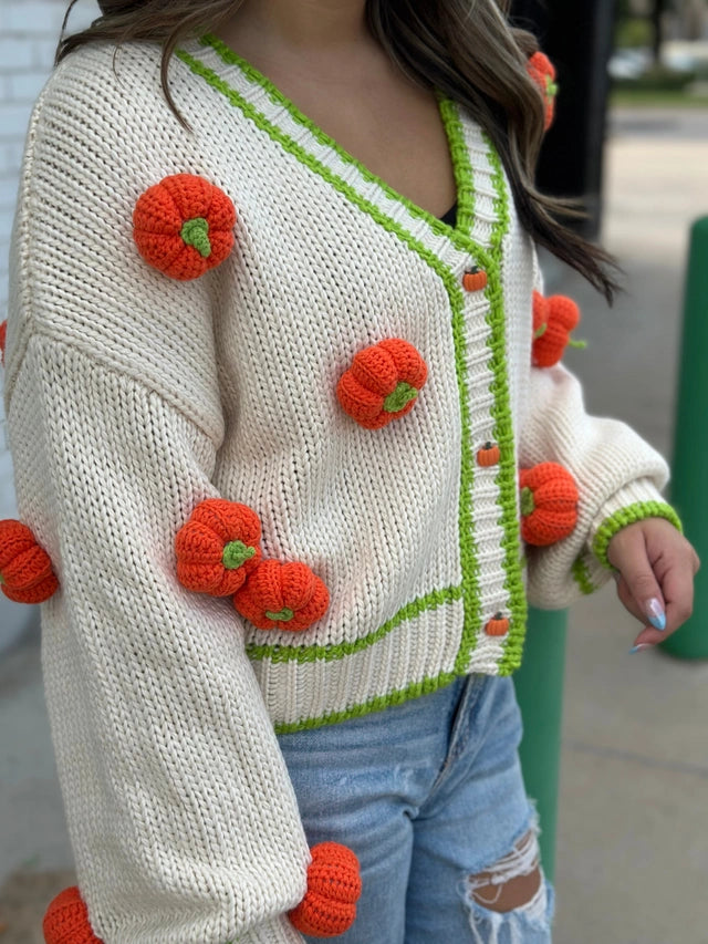 IVORY AND GREEN KNITTED PUMPKIN CARDIGAN