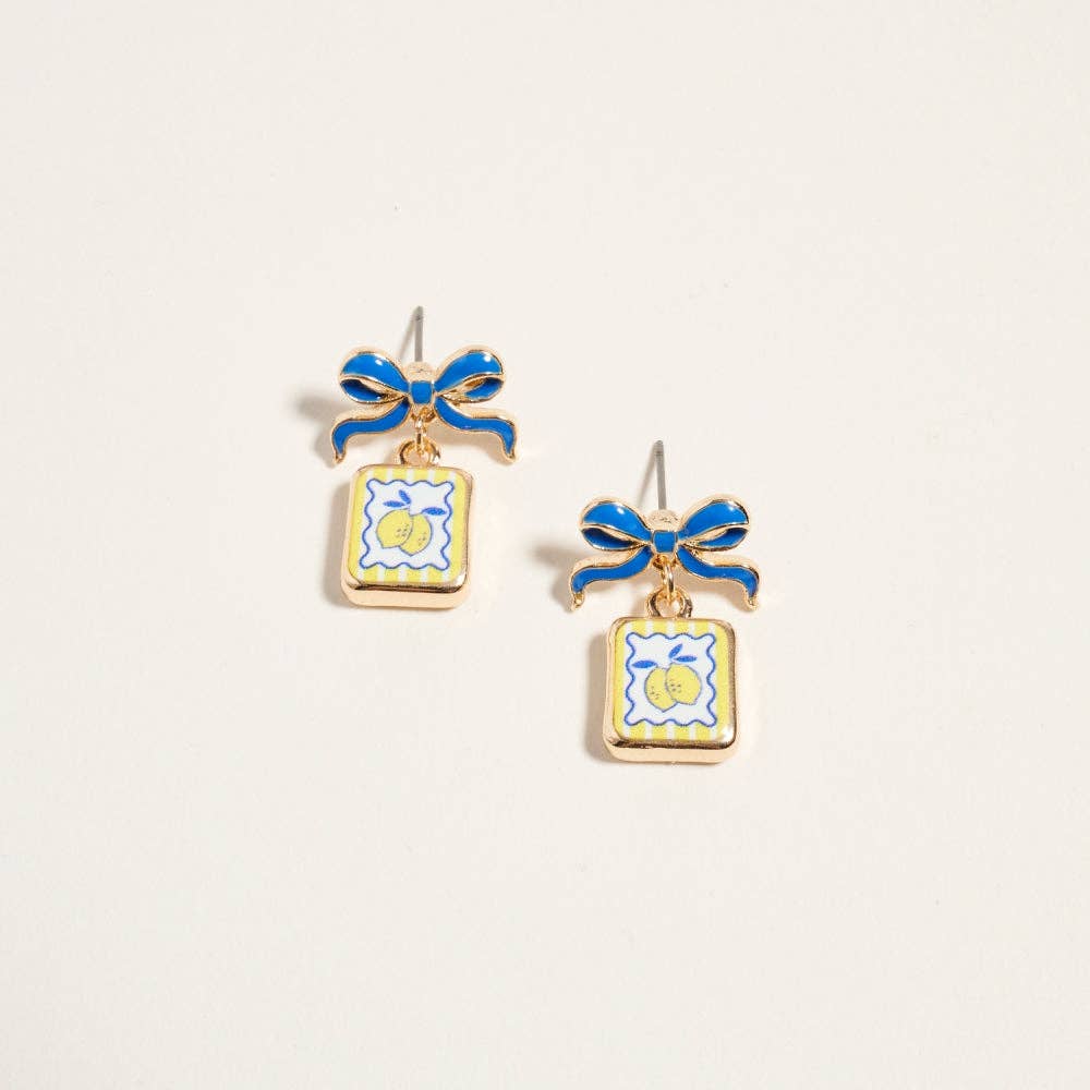 VINTAGE FRUIT PLANT PRINT TILE ENAMEL BOW EARRINGS