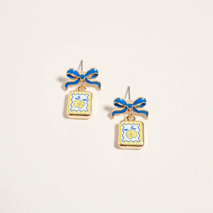 VINTAGE FRUIT PLANT PRINT TILE ENAMEL BOW EARRINGS