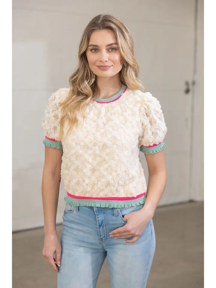STRIPE RIBBED KNIT BAND CREAM FLORAL TEXTURED LACE BLOUSE