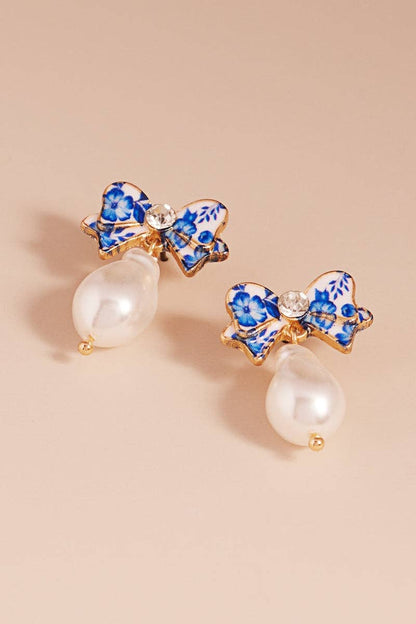 Flower Enamel Bow W Organic Pearl Post Earrings