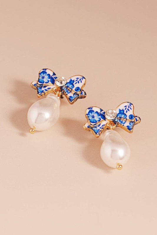 Flower Enamel Bow W Organic Pearl Post Earrings