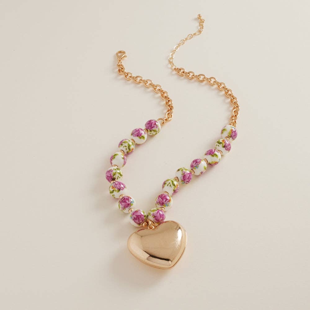 Puffy Heart With Ceramic Bead Short Necklace