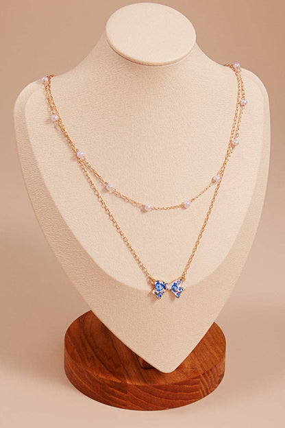 Flower Print Enamel Bow Pendant 2 Layered Necklace