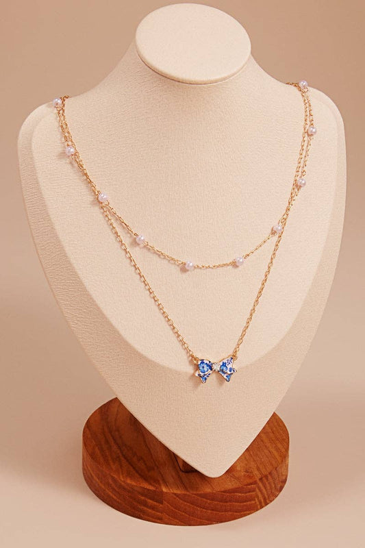 Flower Print Enamel Bow Pendant 2 Layered Necklace