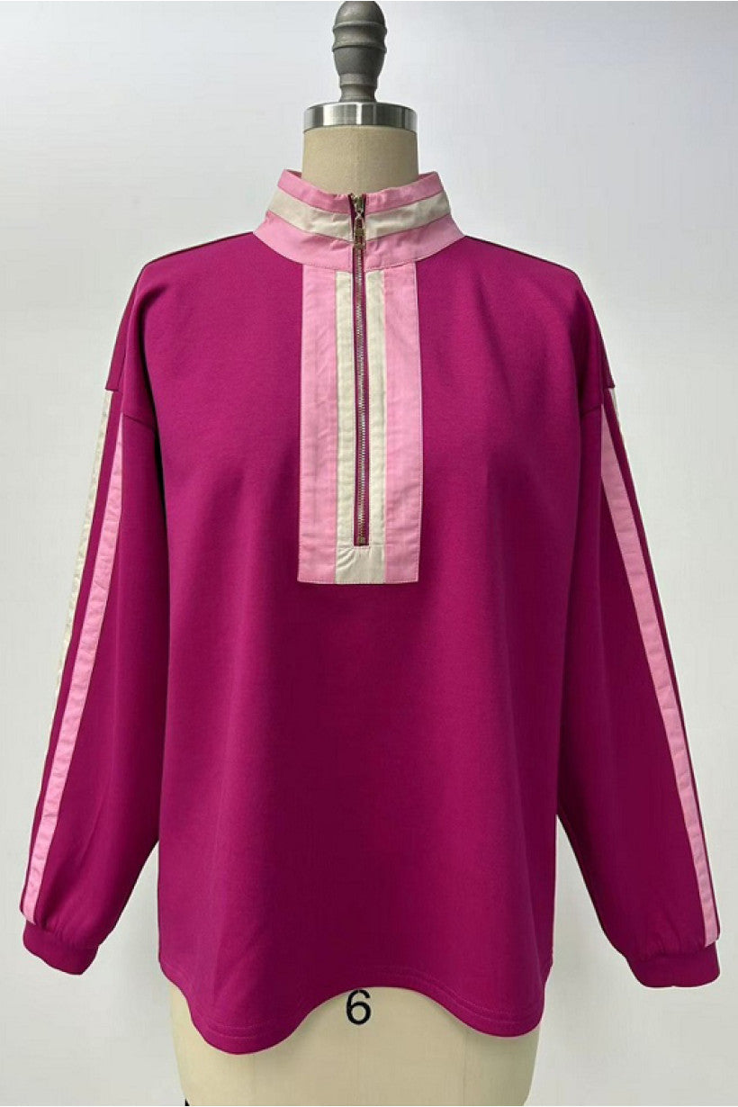MAGENTA 1/4 ZIP PULLOVER WITH CREAM/PINK CONTRAST