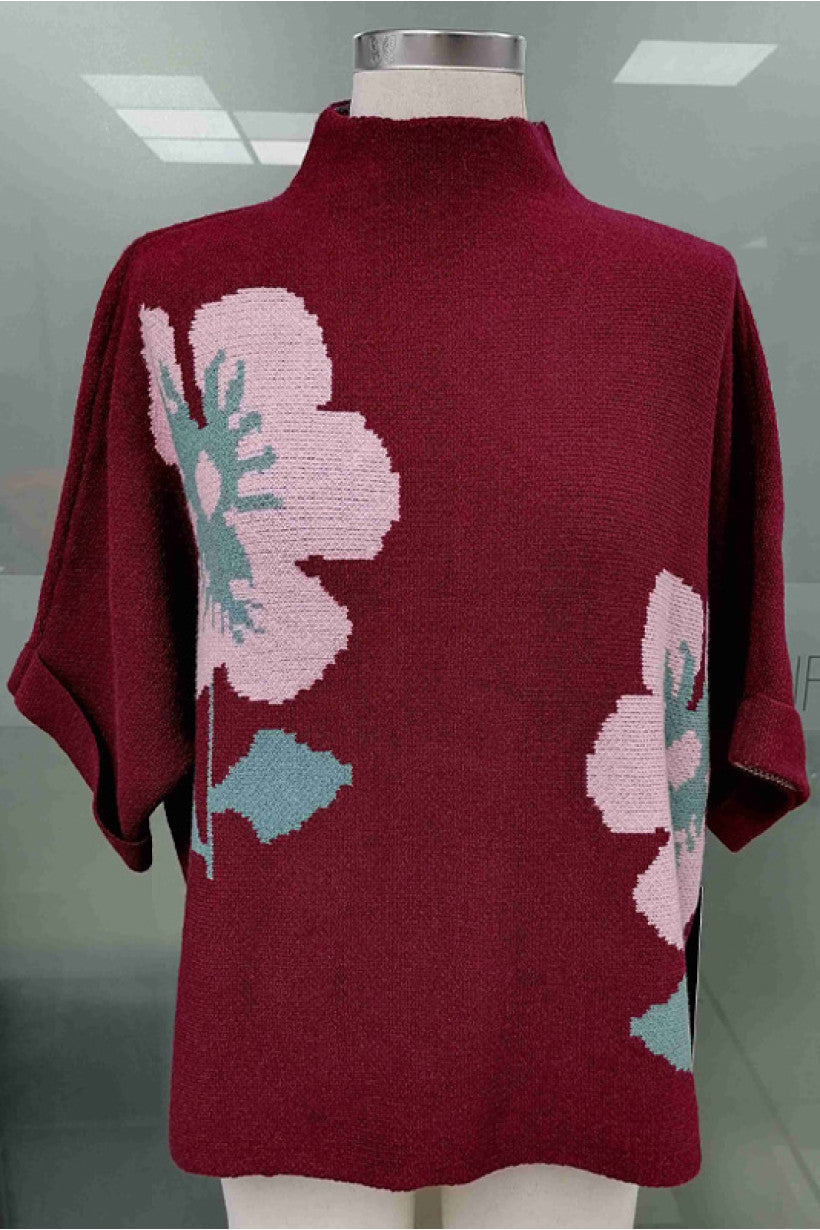 WINE SWEATER WITH PINK FLOWERS