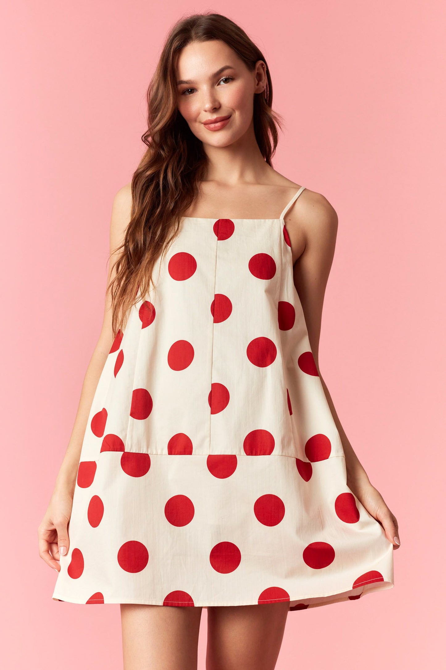 CREAM & RED BIG POLKA DOT PRINTED BARREL MINI DRESS