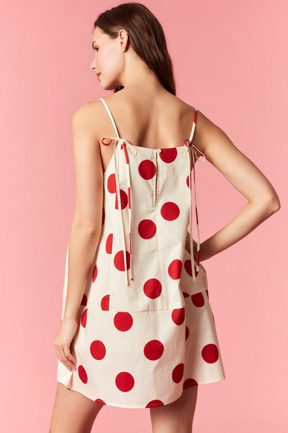 CREAM & RED BIG POLKA DOT PRINTED BARREL MINI DRESS