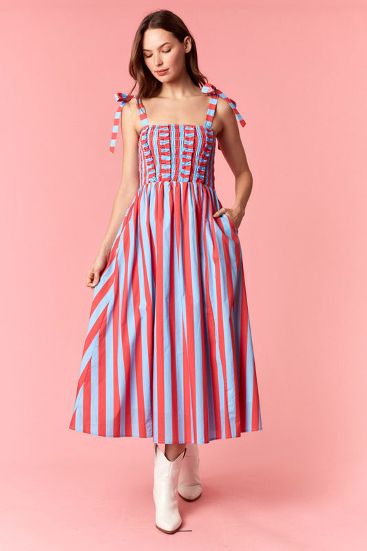 STRIPE RUFFLED DETAILED BOW TIE STRAP MIDI DRESS - CORAL/LT. BLUE