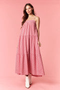 SOLID BOW TIE & YARN GINGHAM TIERED DRESS - RED/NAVY