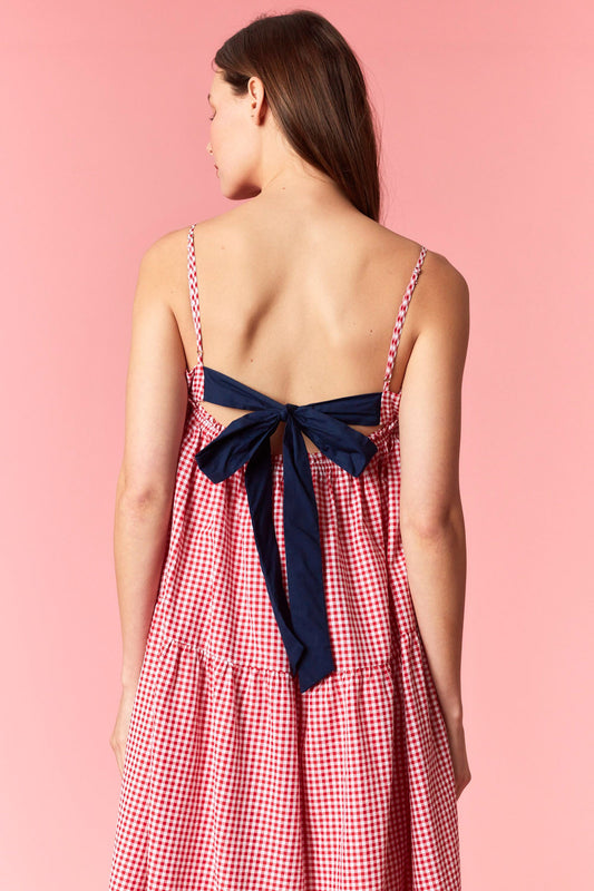 SOLID BOW TIE & YARN GINGHAM TIERED DRESS - RED/NAVY