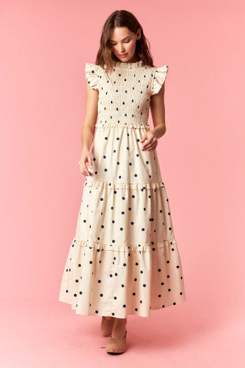 CREAM/NAVY POLKA DOT SMOCKING DETAIL MAXI DRESS