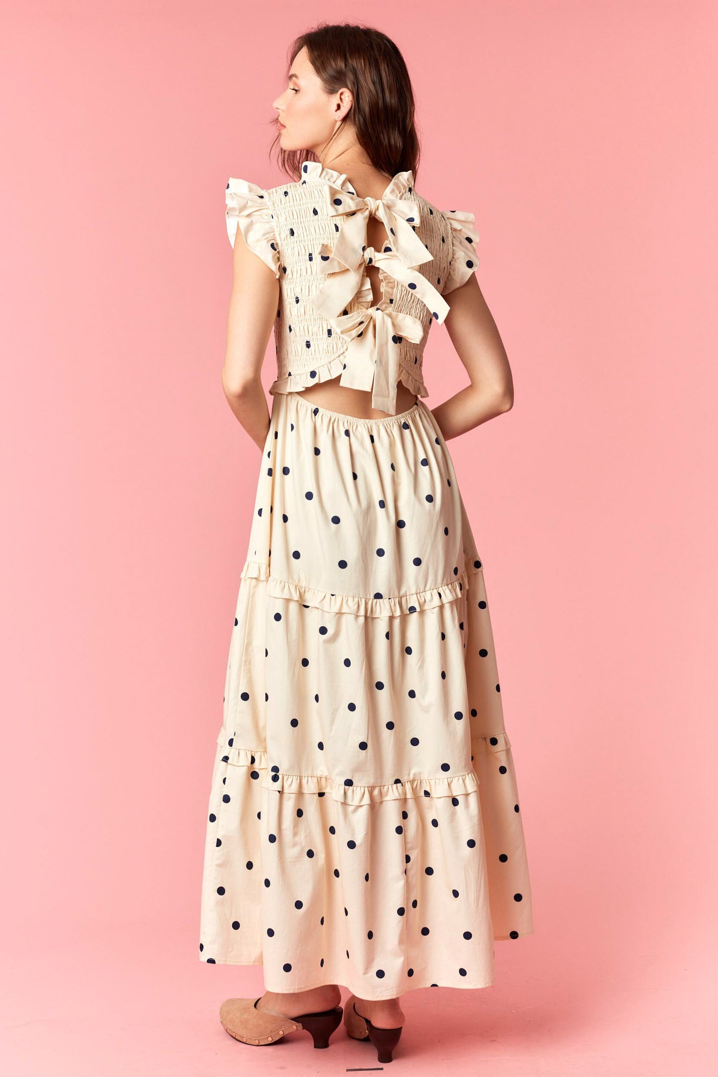 CREAM/NAVY POLKA DOT SMOCKING DETAIL MAXI DRESS