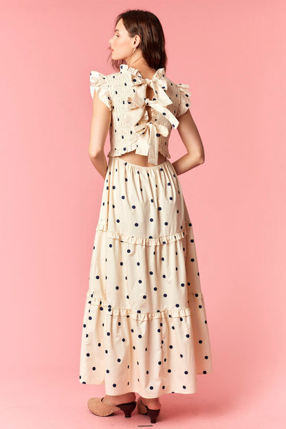 CREAM/NAVY POLKA DOT SMOCKING DETAIL MAXI DRESS