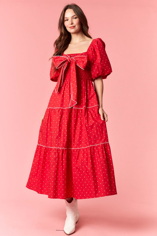 POLKA DOT SMOCKING TOP W/BOW DETAIL MIDI DRESS - RED