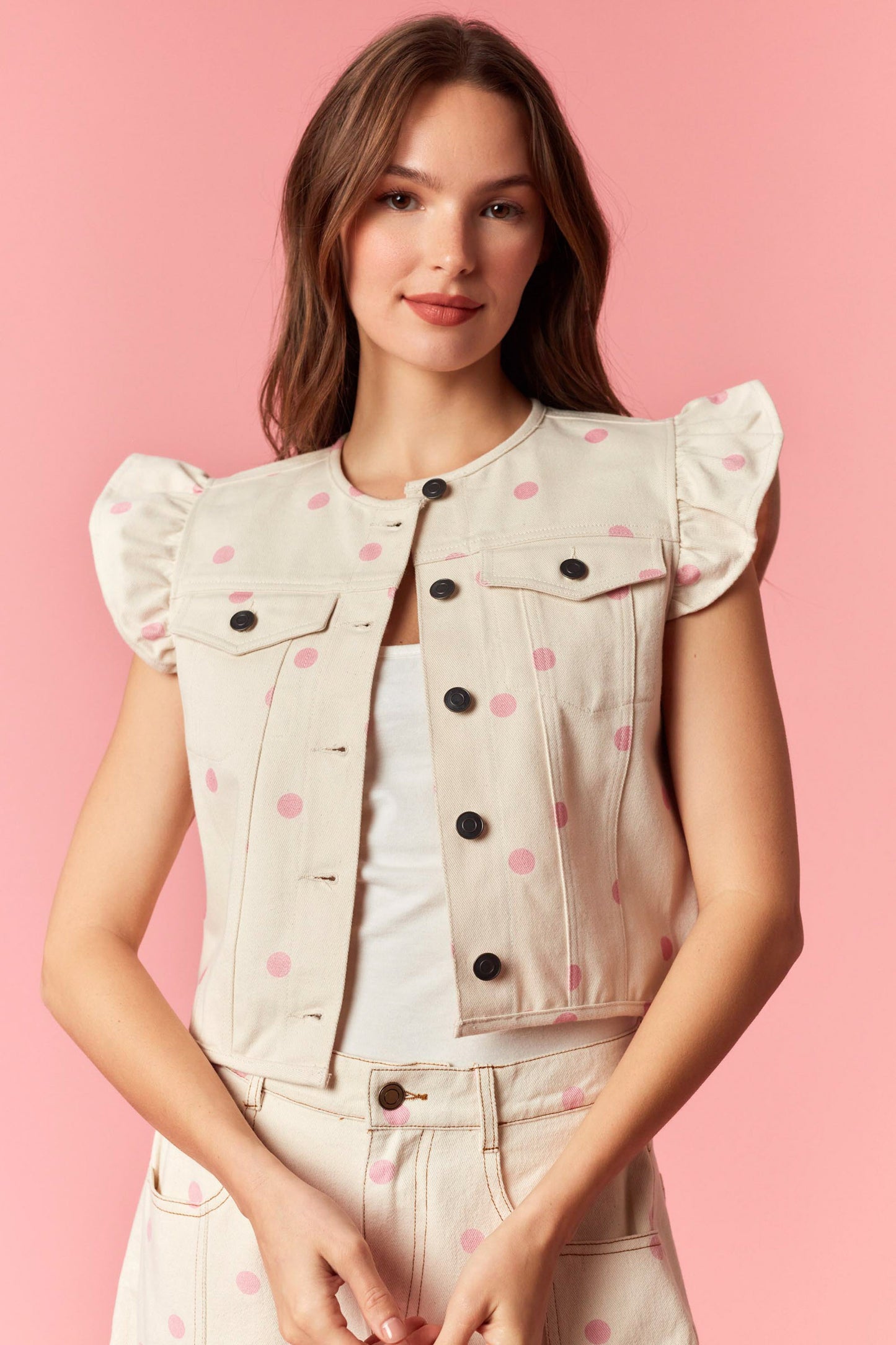 POLKA DOT WASHED TWILL DENIM CROPPED VEST - CREAM/LT. PINK