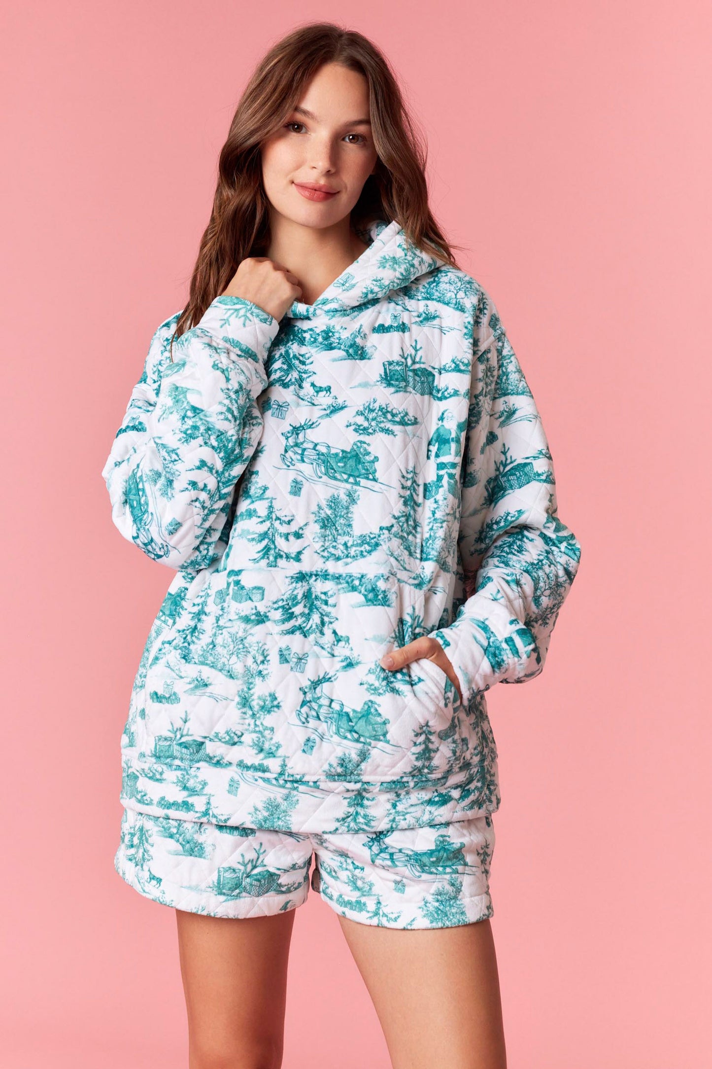 CHRISTMAS SIGHT PRINTED QUILTED HOODIE - HUNTER GREEN