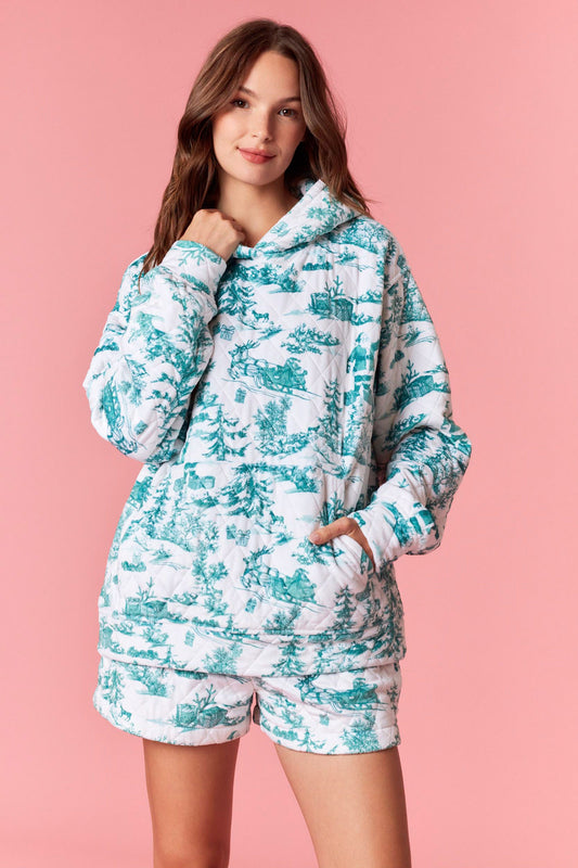CHRISTMAS SIGHT PRINTED QUILTED HOODIE - HUNTER GREEN
