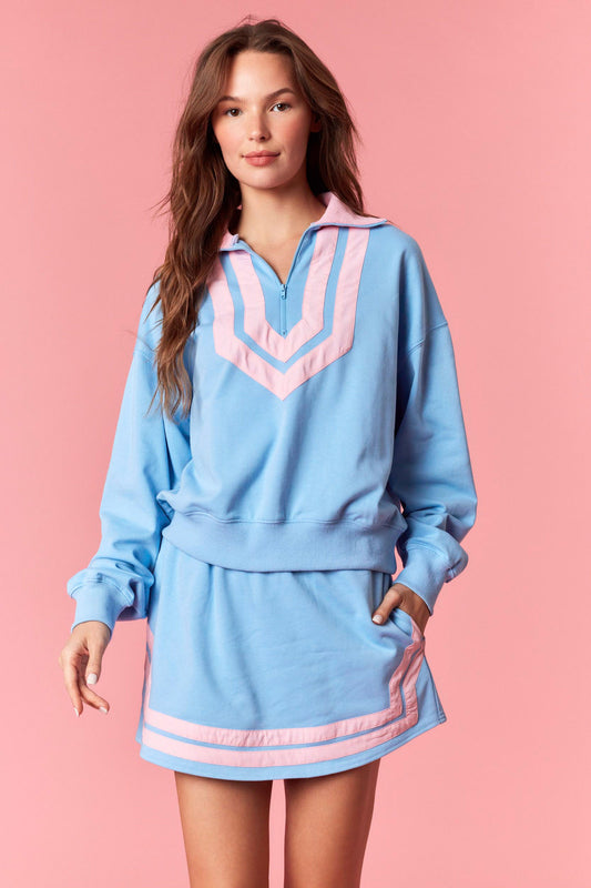 DUSTY BLUE/LT PINK FRENCH TERRY PULLOVER & SKORT SET