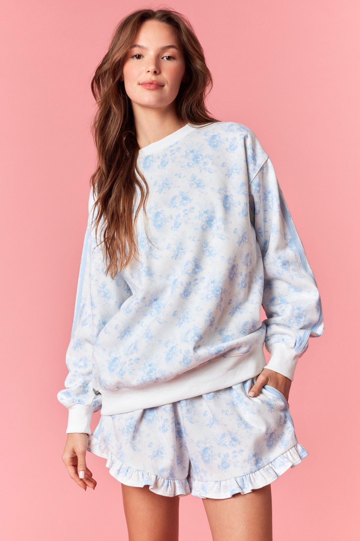 LT. BLUE FLORAL FRENCH TERRY SWEATSHIRT/SHORT SET