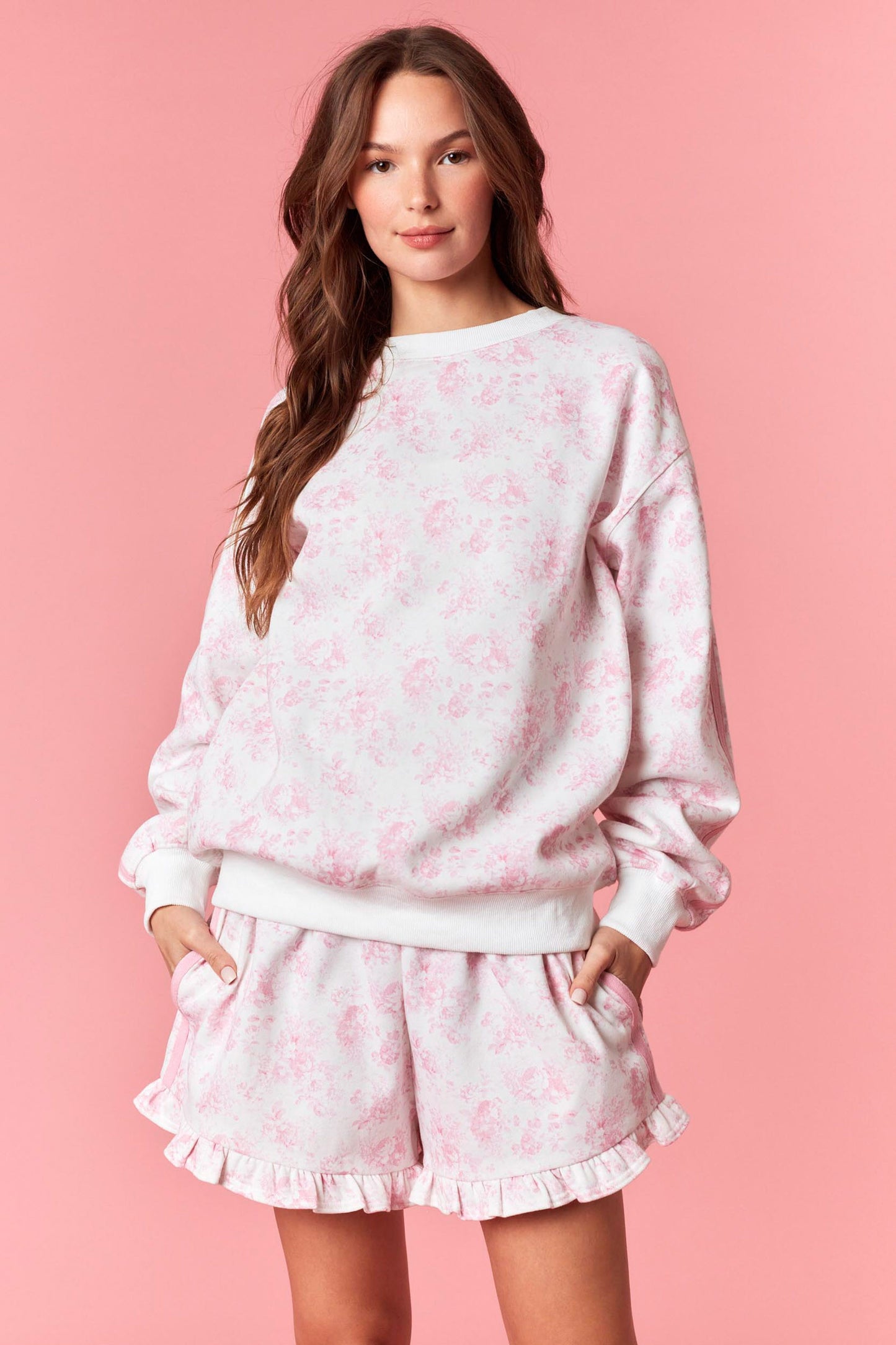 LT. PINK FLORAL FRENCH TERRY SWEATSHIRT/SHORT SET