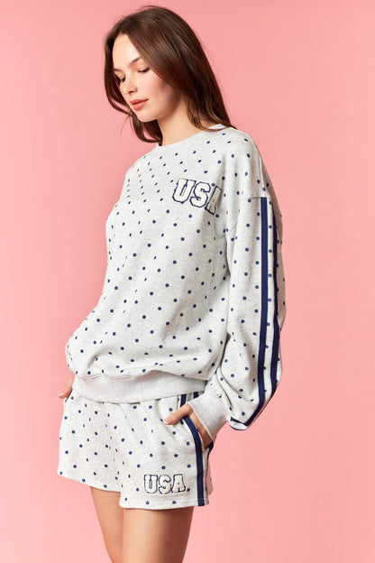 POLKA DOT PRINTED "USA" TOWEL EMBROIDERY SWEATSHIRT AND SHORTS 2 PC. SET - GREY/NAVY