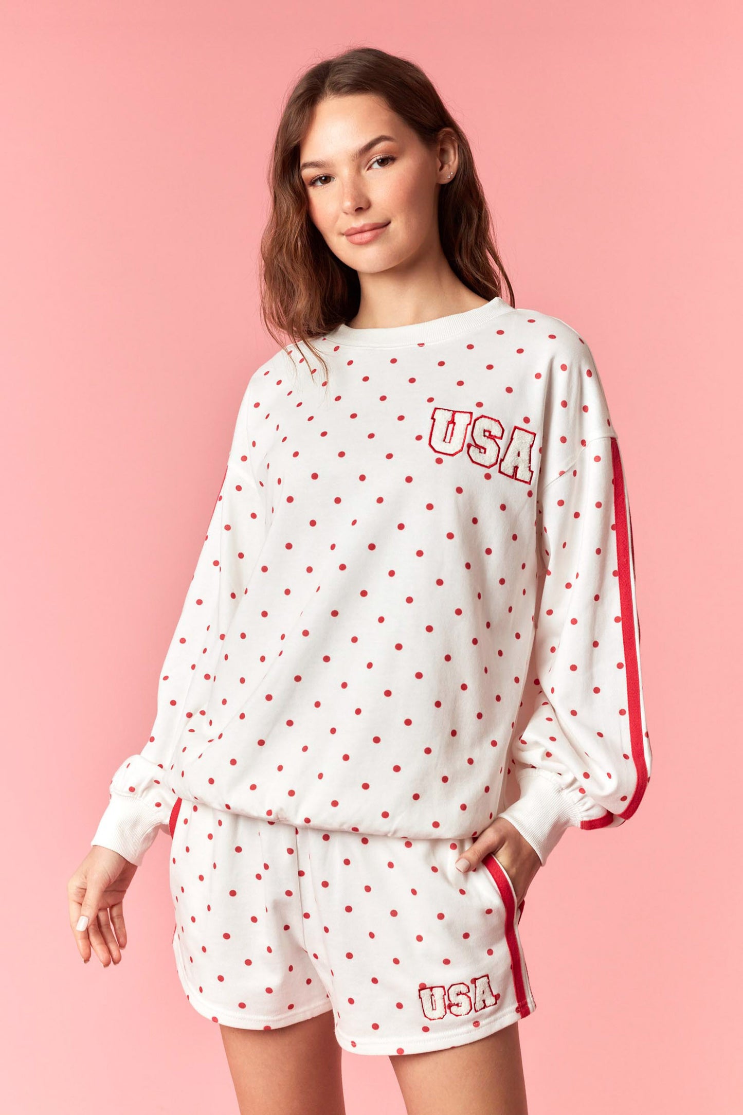 POLKA DOT W/ USA TOWEL EMBROIDERY SWEATSHIRT & SHORTS 2 PC. SET