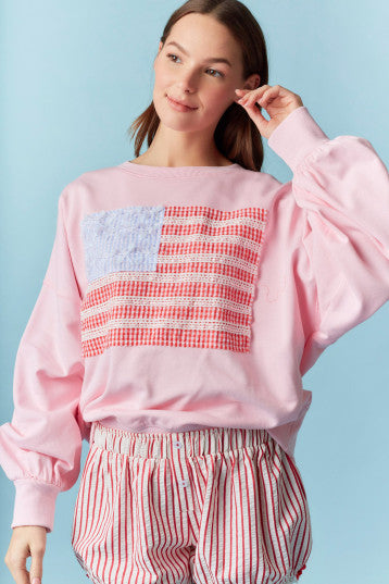 PINK AMERICAN FLAG LACE TRIM DETAIL FLAG SWEATSHIRT