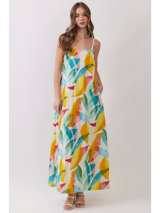 MULTICOLOR ABSTRACT TROPICAL PRINT MAXI DRESS