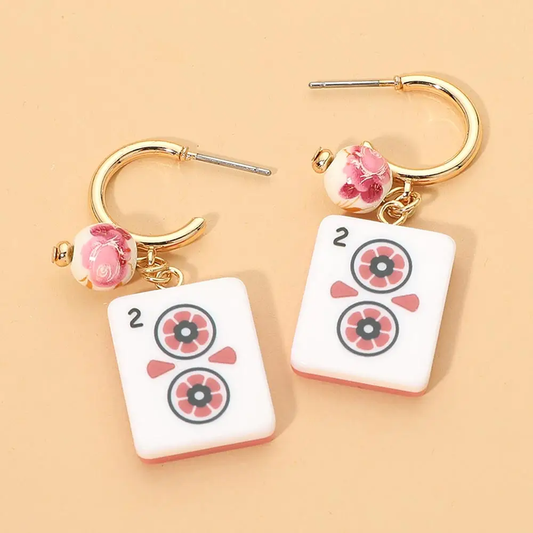 MAHJONG TILE CHARM DROP HOOP EARRINGS