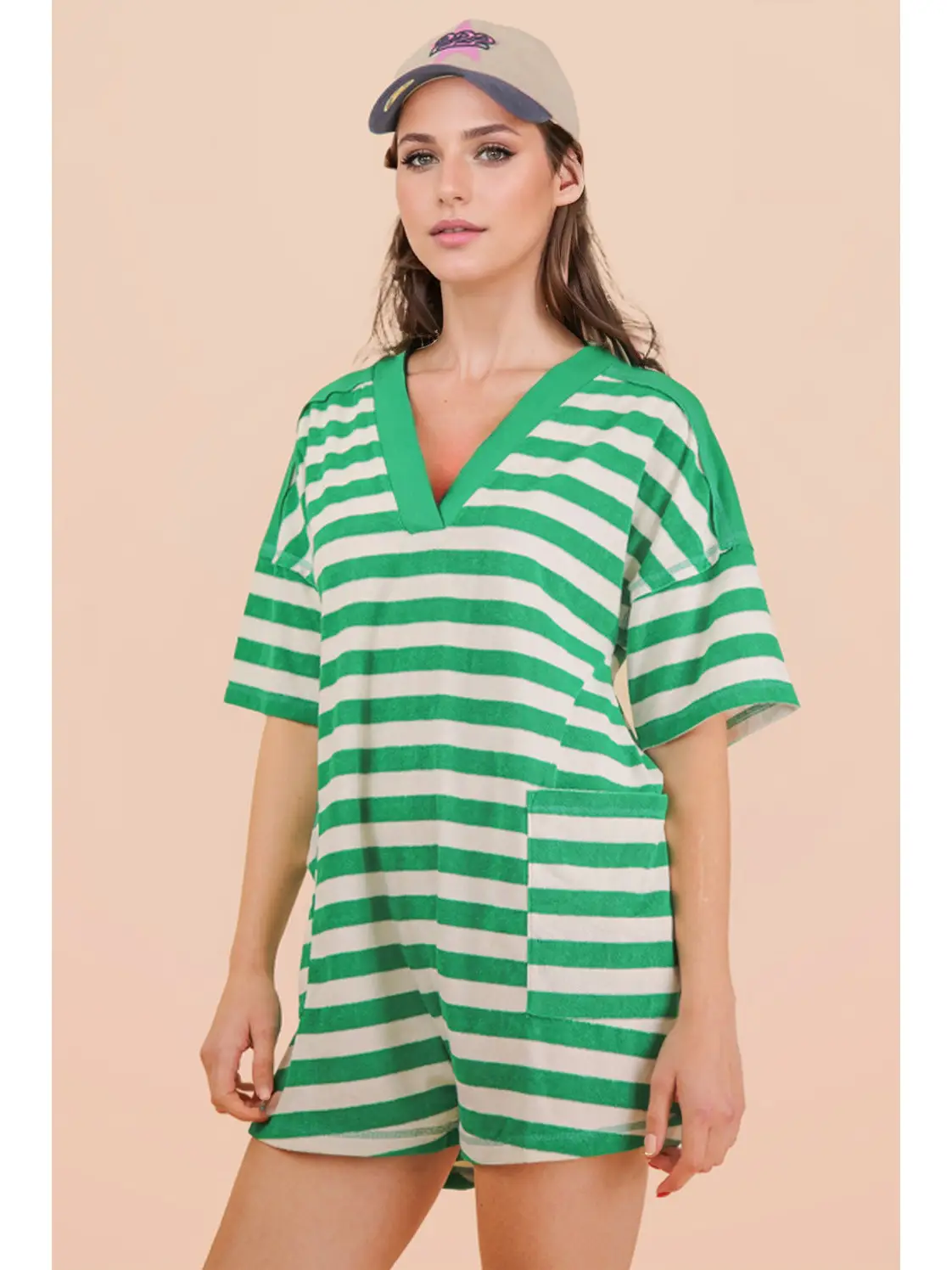 GREEN & WHITE STRIPED CASUAL KNIT ROMPER