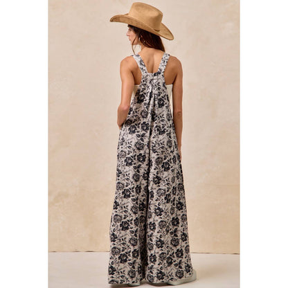IVORY & BLUE WASHED ROSE PRINTED DENIM OVERALLS