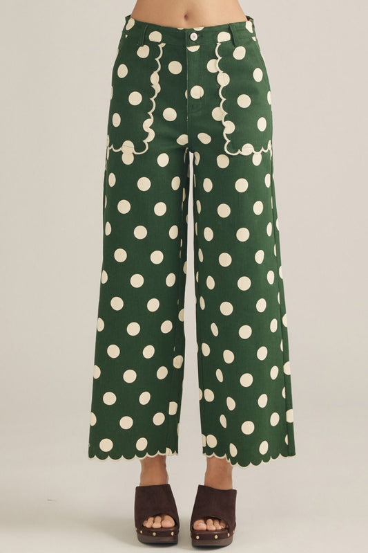 PINE POLKA DOT WIDE LEG PANTS WITH SCALLOP TRIM