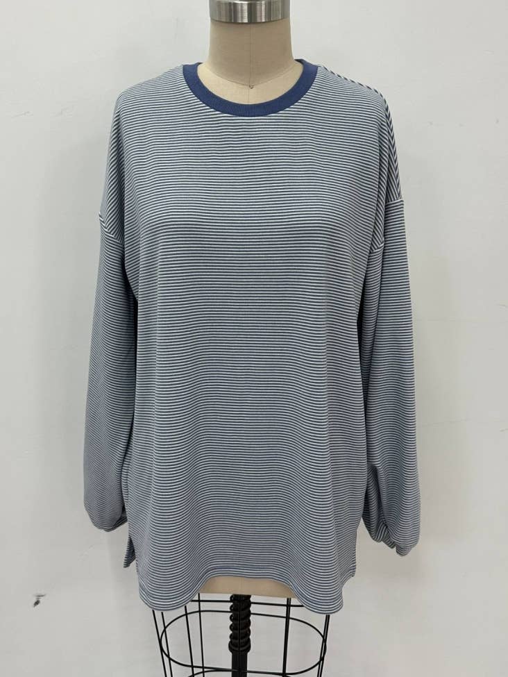 BLUE & CREAM MICRO STRIPED 2PC LONG SLEEVE TOP & PANT SET