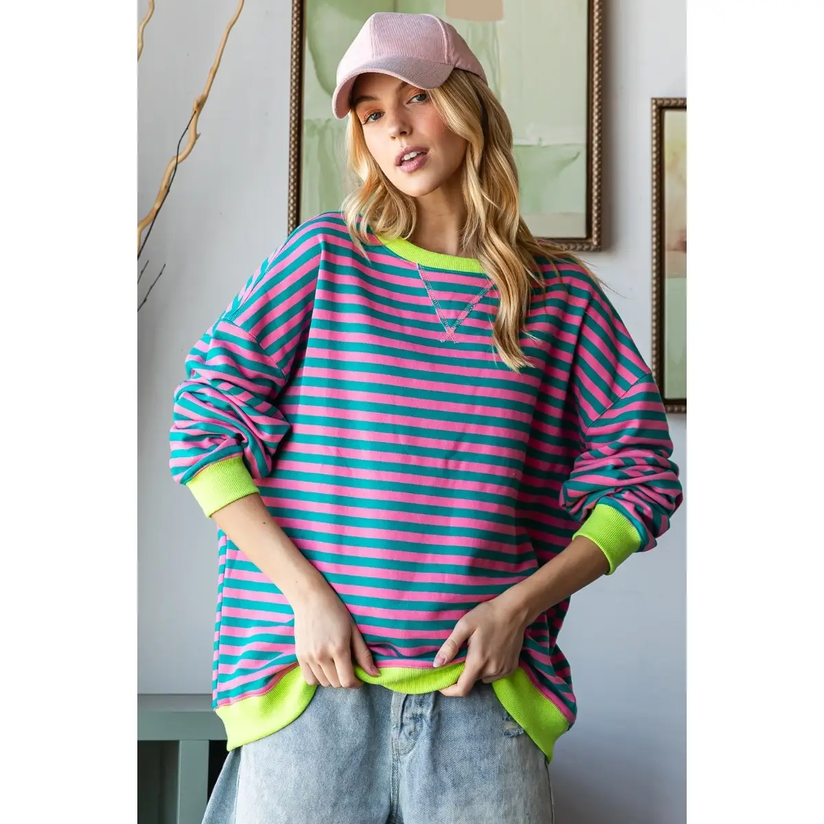 PINK & TURQUOISE OVERSIZE STRIPED TOP