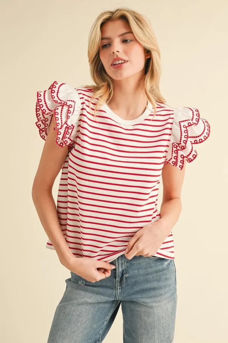 RED STRIPE FLUTTER SLEEVE TOP