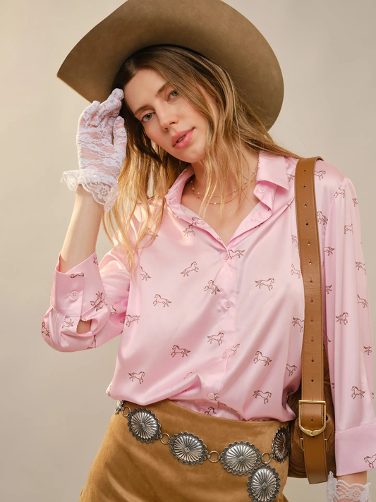 PINK SATIN HORSE MOTIFF 3/4 SLEEVE BUTTON BLOUSE