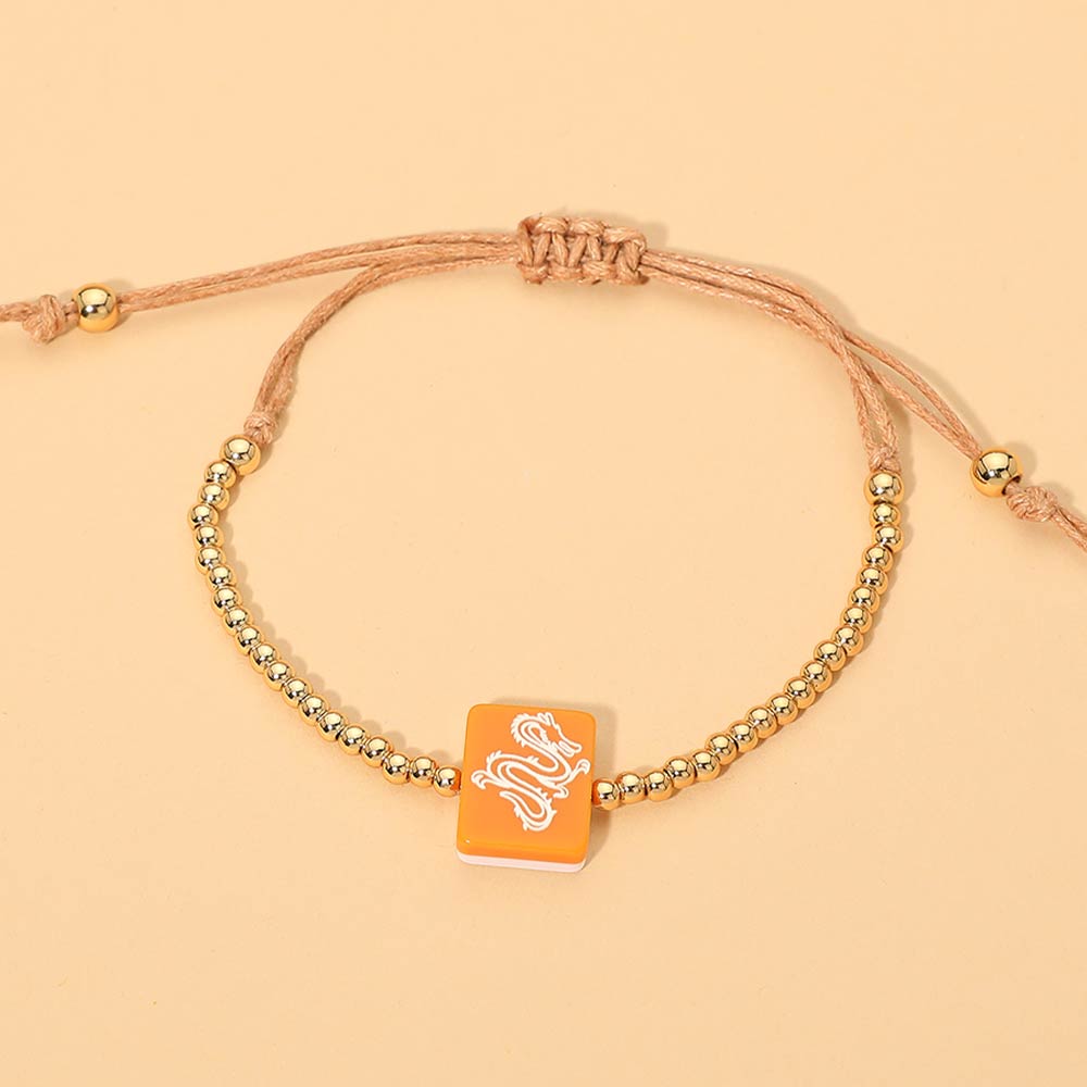 DECORATIVE MAHJONG CHARM BEADED ADJUSTABLE CINCH PULL TIE BRACELET